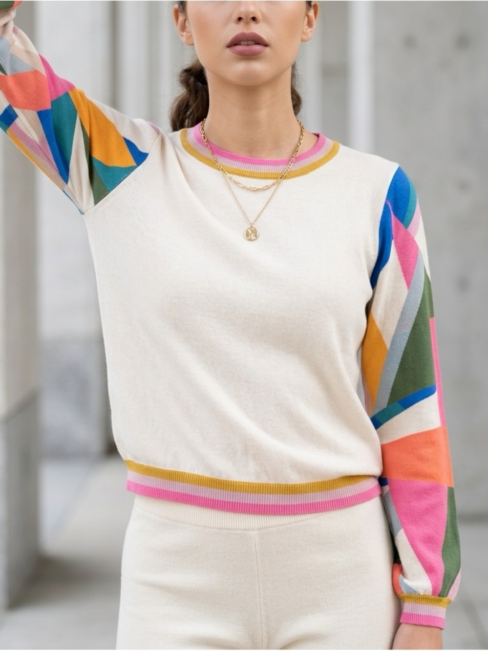 Fate Cream Crewneck Sweater with Multicolor Geometric Sleeves - Picture 2 of 7